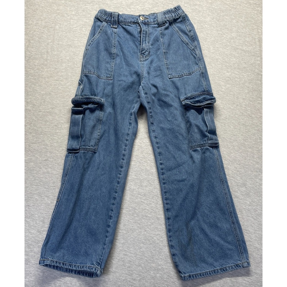 Wax Jean Collection Cargo Jeans Womens L Blue Denim Medium Wash Skate Wide Leg